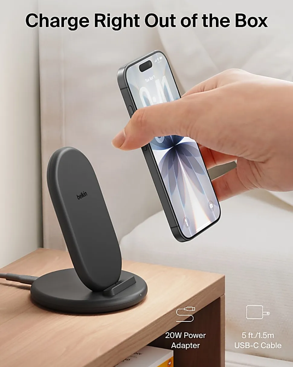 Belkin BoostCharge Wireless Charging Stand With 20W USB-C, Black, WIB006TTBK