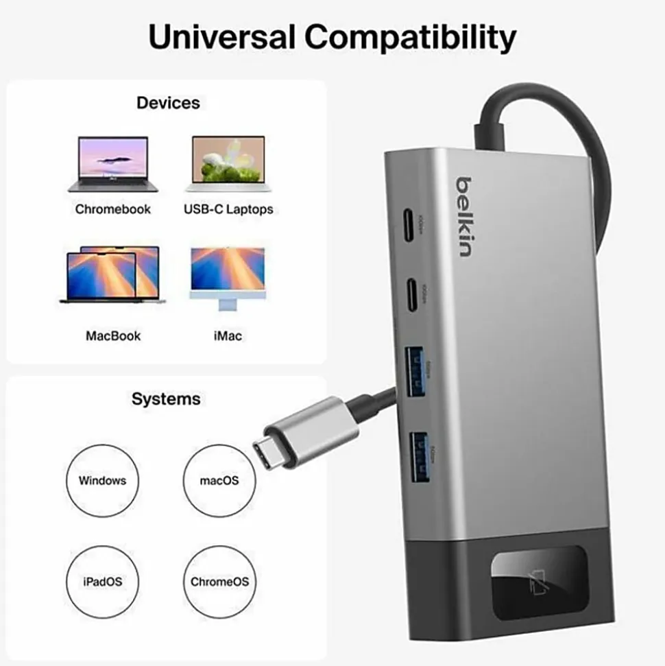 Belkin Connect 8-Port Dual Display USB-C Hub For Display, Monitor, Workstation, Notebook, MacBook, Tablet, Smartphone