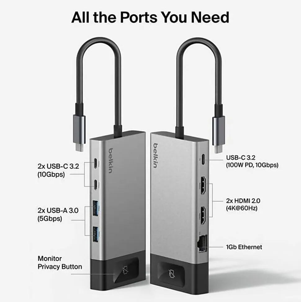 Belkin Connect 8-Port Dual Display USB-C Hub For Display, Monitor, Workstation, Notebook, MacBook, Tablet, Smartphone