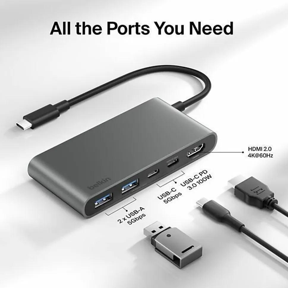Belkin 5-Port USB-C Hub, USB-C to 2xUSB-A, 2xUSB-C, 1x4K HDMI, Docking Station, Black, AVC022FQSGY