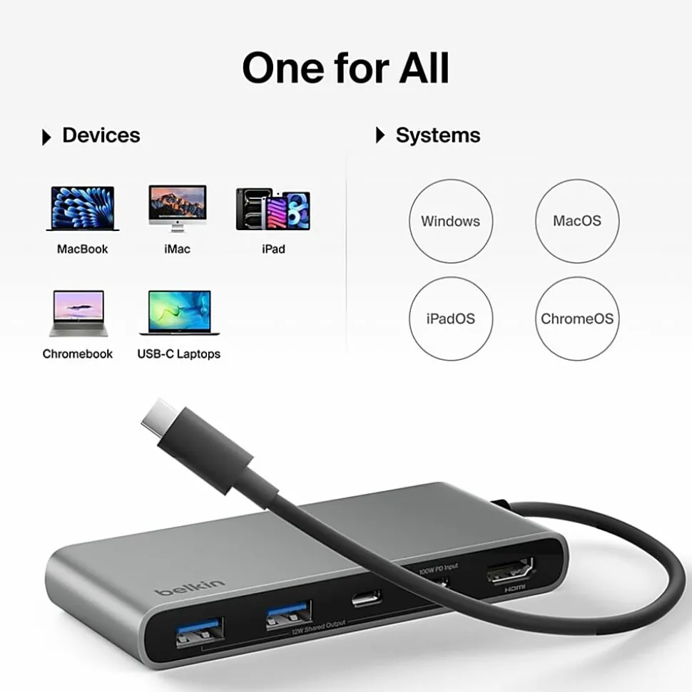 Belkin 7-Port USB-C Hub, USB-C to, 2xUSB-A, 2xUSB-C, 1x4K HDMI, 1xSD + 1xMicroSD Reader, Black, AVC023FQSGY