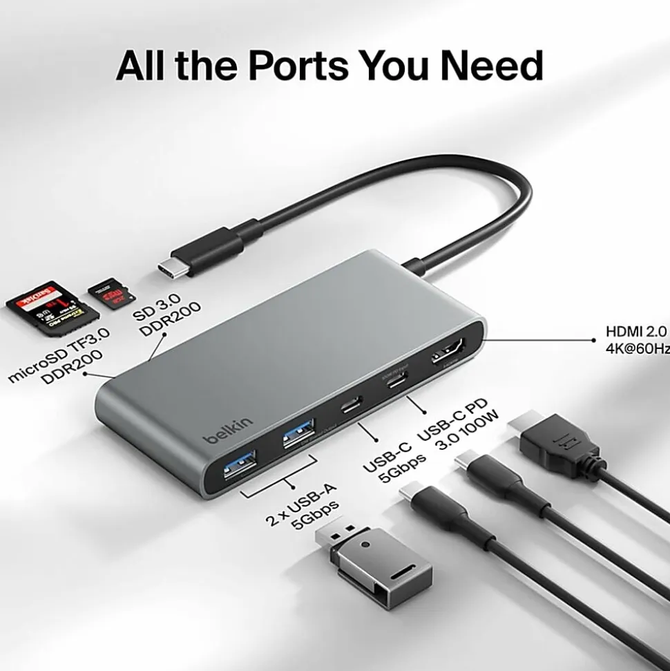Belkin 7-Port USB-C Hub, USB-C to, 2xUSB-A, 2xUSB-C, 1x4K HDMI, 1xSD + 1xMicroSD Reader, Black, AVC023FQSGY