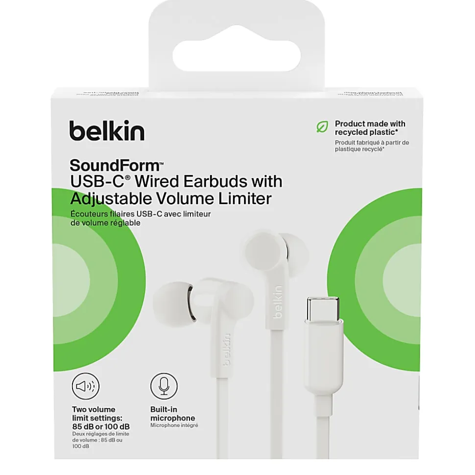 Belkin SoundForm USB-C Wired Earbuds With Adjustable Volume Limiter, White