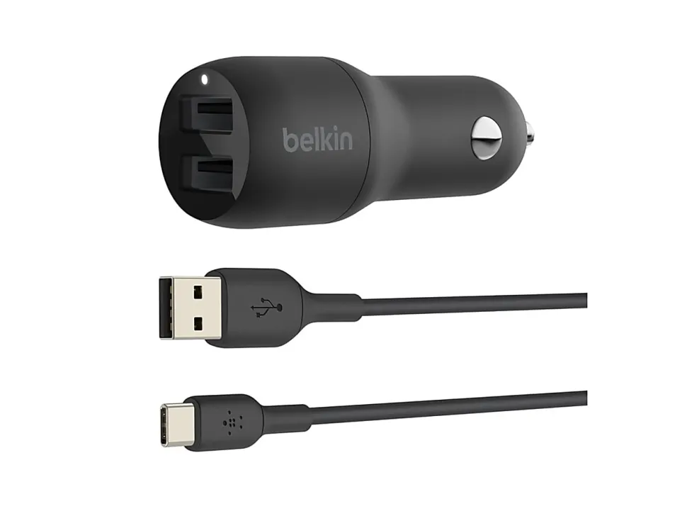 Belkin 24-Watt, Dual USB Car Charger With USB-A To USB-C Cable, 1M/ 3.3 Ft Black