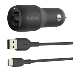 Belkin 24-Watt, Dual USB Car Charger With USB-A To USB-C Cable, 1M/ 3.3 Ft Black