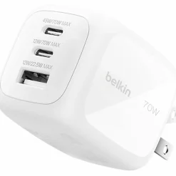 Belkin 70W GaN 3-Port USB Wall Charger - 1xUSB-A, 2xUSB-C - Foldable Prongs - Power Adapter - White - 70 W - United States