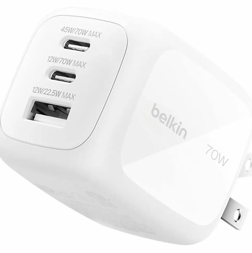 Belkin 70W GaN 3-Port USB Wall Charger - 1xUSB-A, 2xUSB-C - Foldable Prongs - Power Adapter - White - 70 W - United States