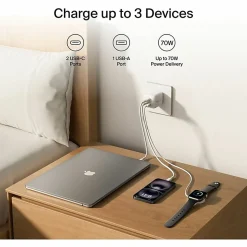 Belkin 70W GaN 3-Port USB Wall Charger - 1xUSB-A, 2xUSB-C - Foldable Prongs - Power Adapter - White - 70 W - United States