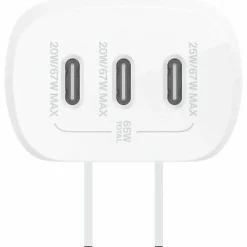 Belkin 67W Portable 3-Port USB-C Wall Charger - 3xUSB-C (67W Total) - Fast Charging - Power Adapter - White - 67 W - White