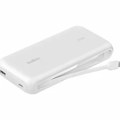 Belkin 30W 2-port Power Bank w/ Integrated USB-C Cable, 20K mAh, 1xUSB-A, 1xUSB-C, Portable Charger, White, BPB024FQWH