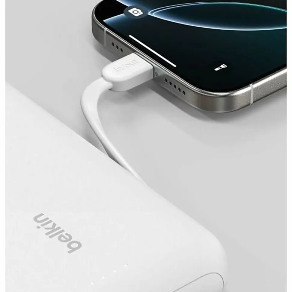 Belkin 30W 2-port Power Bank w/ Integrated USB-C Cable, 20K mAh, 1xUSB-A, 1xUSB-C, Portable Charger, White, BPB024FQWH