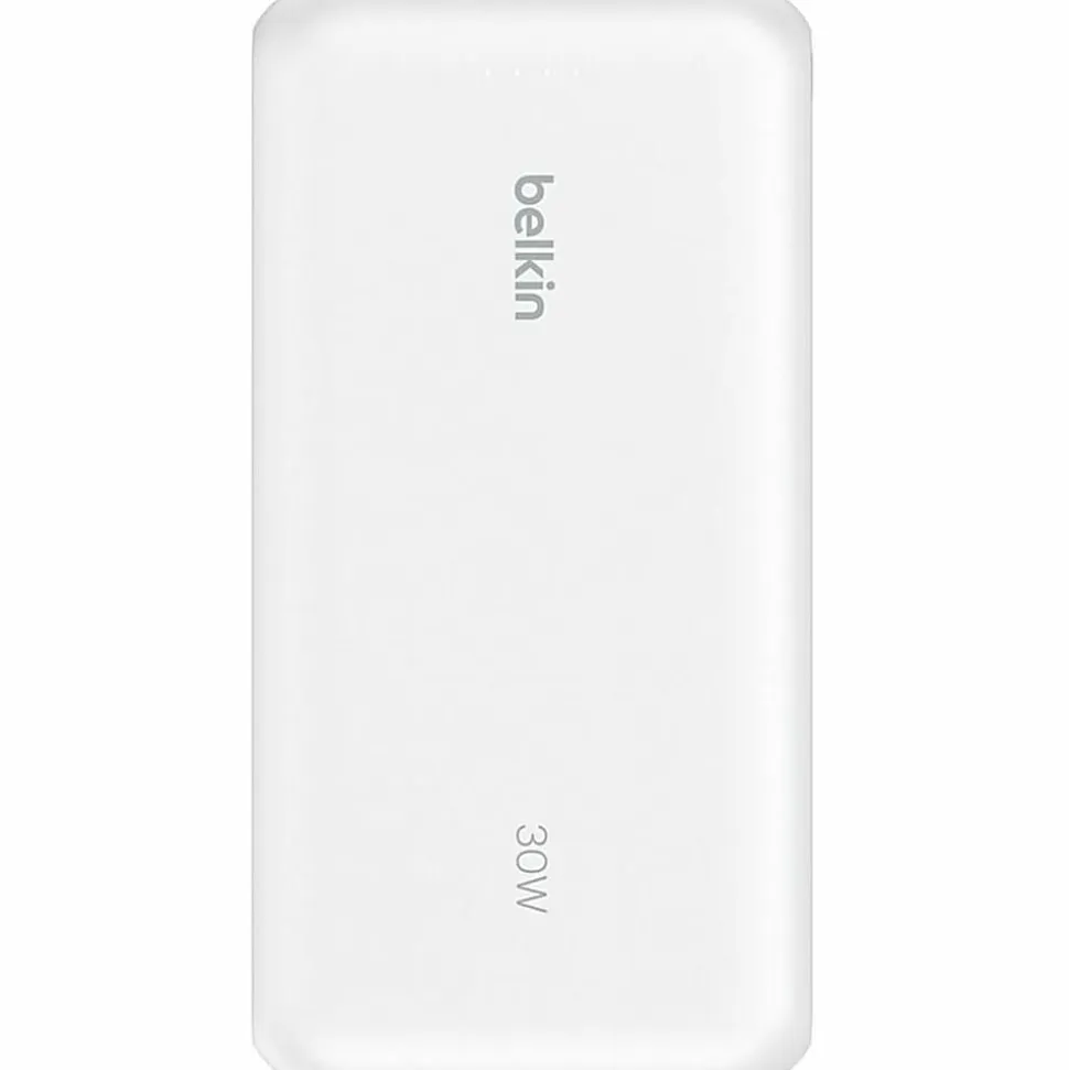 Belkin 30W 2-port Power Bank w/ Integrated USB-C Cable, 20K mAh, 1xUSB-A, 1xUSB-C, Portable Charger, White, BPB024FQWH