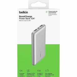 Belkin 15W 3-port USB Power Bank - 10K mAh - 2xUSB-A (12W), 1xUSB-C (15W) - Portable Charger - w/ USB-A to USB-C Cable - Silver - Â - BPB011BTSL