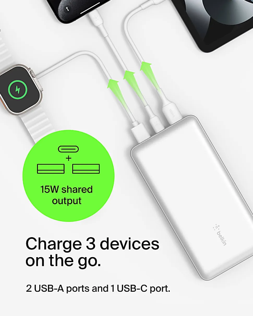 Belkin 15W 3-Port USB Power Bank, White, Total Qty 1
