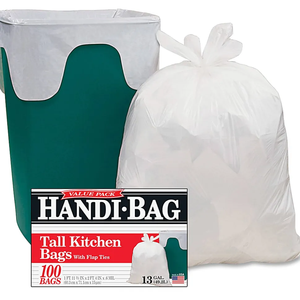 Berry Handi-Bag Flap Tie Tall Kitchen Bags, Small Size, 13 gal Capacity, 23.75"x 28", 0.60 mil (15 Micron) Thickness, 100 Count - HAB6FK100