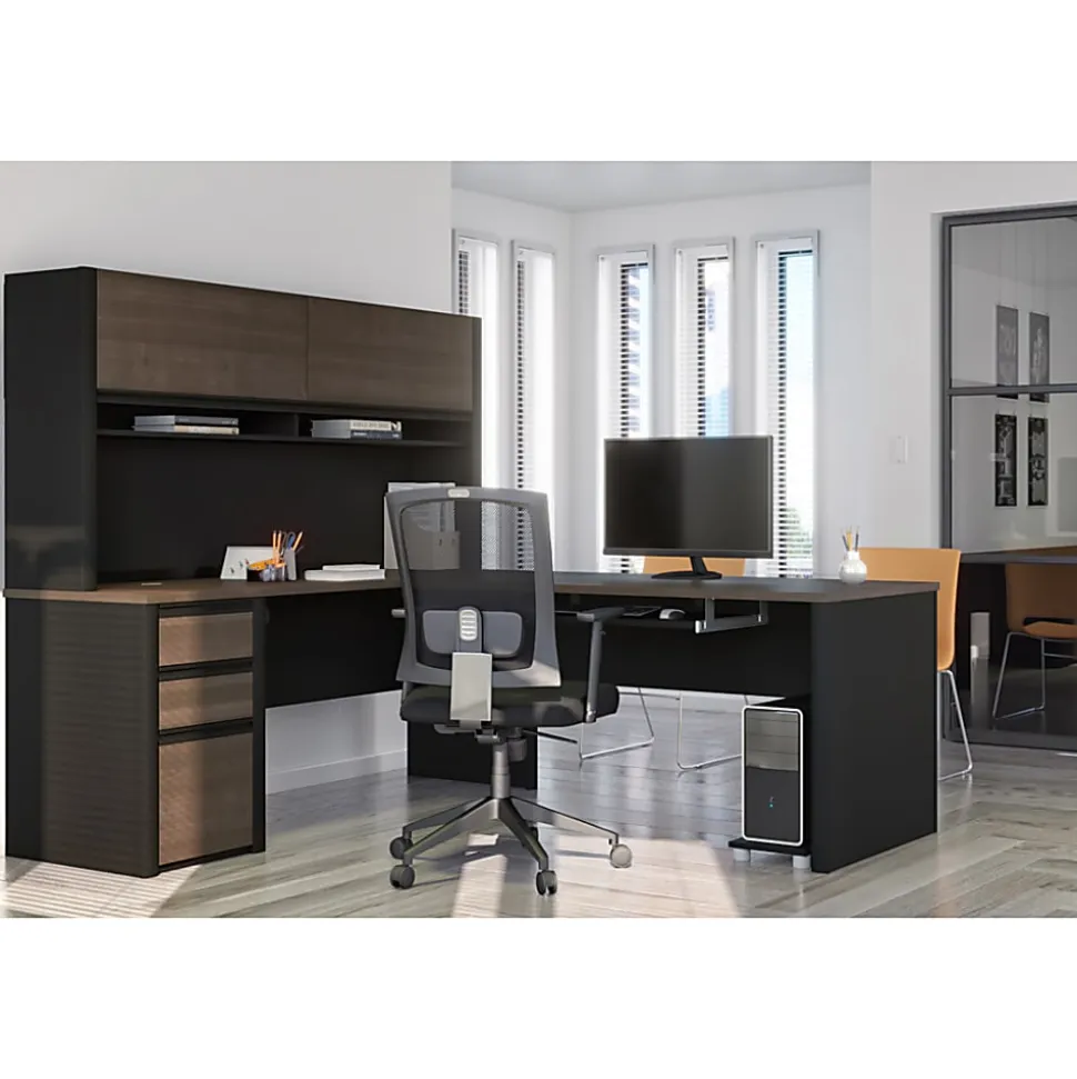 Bestar Connexion 72"W L-Shaped Corner Desk With Hutch And Pedestal, Antigua/Black