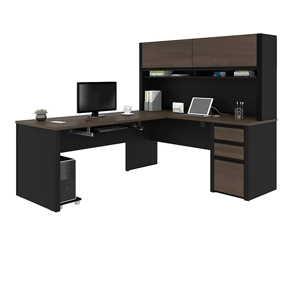 Bestar Connexion 72"W L-Shaped Corner Desk With Hutch And Pedestal, Antigua/Black