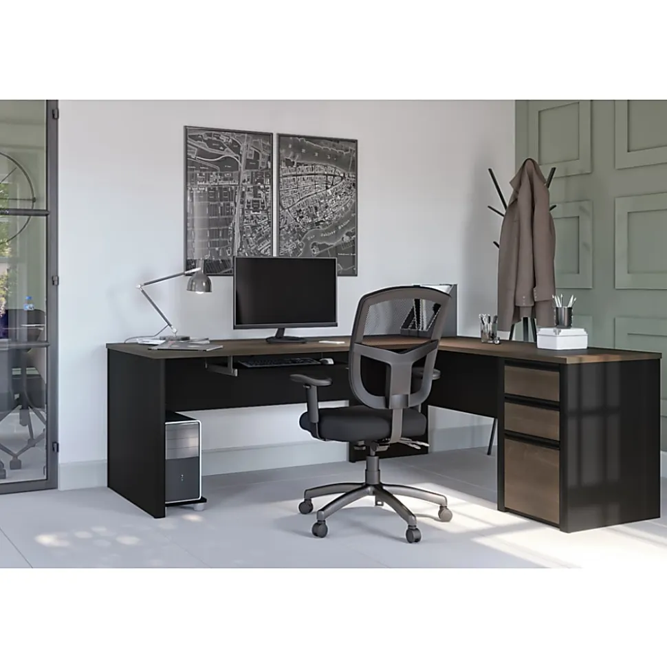Bestar Connexion 72"W L-Shaped Corner Desk With Pedestal, Antigua/Black