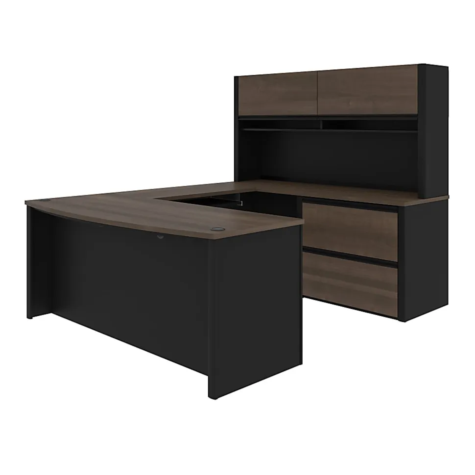 Bestar Connexion 72"W U-Shaped Executive Computer Desk With Lateral File Cabinet And Hutch, Antigua/Black