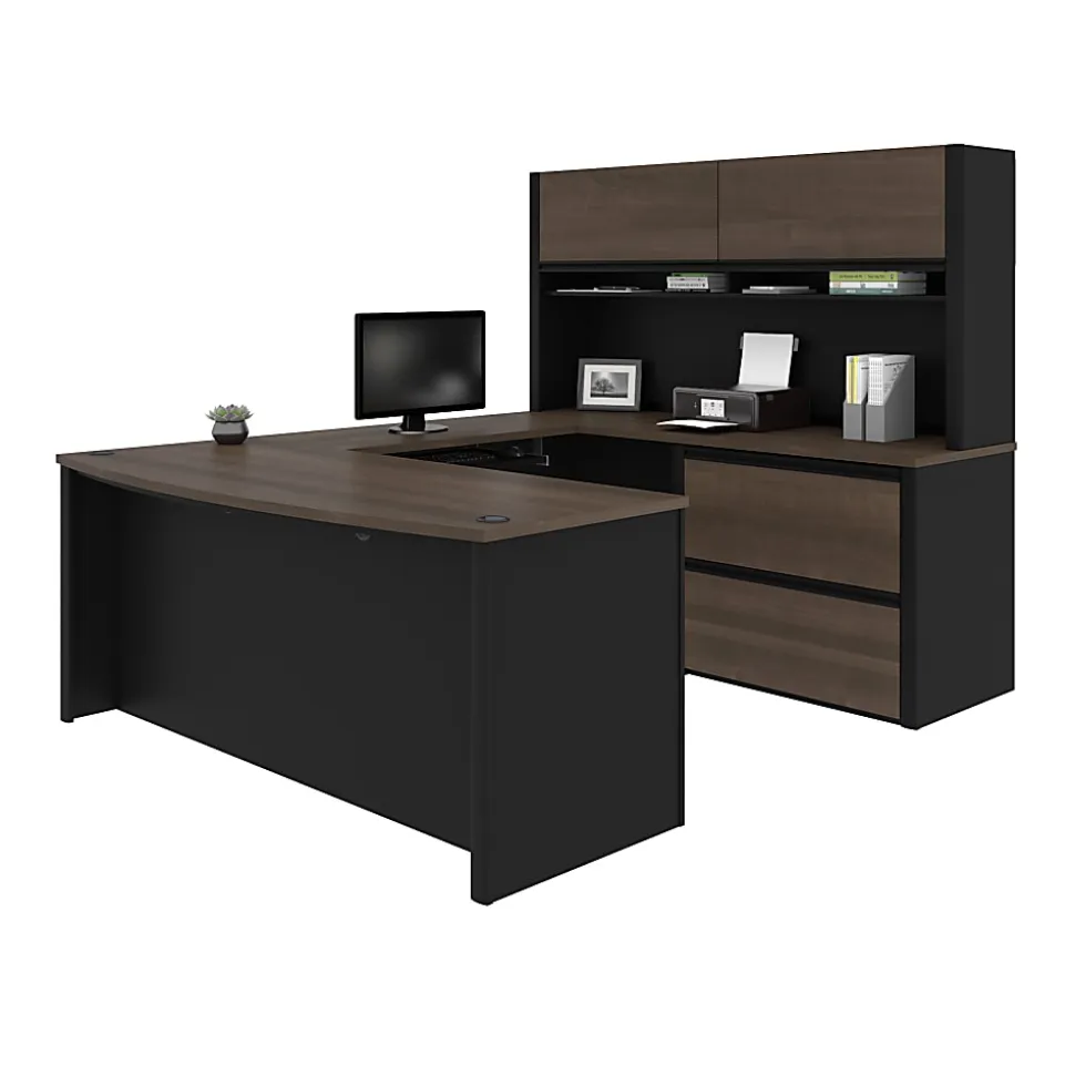 Bestar Connexion 72"W U-Shaped Executive Computer Desk With Lateral File Cabinet And Hutch, Antigua/Black