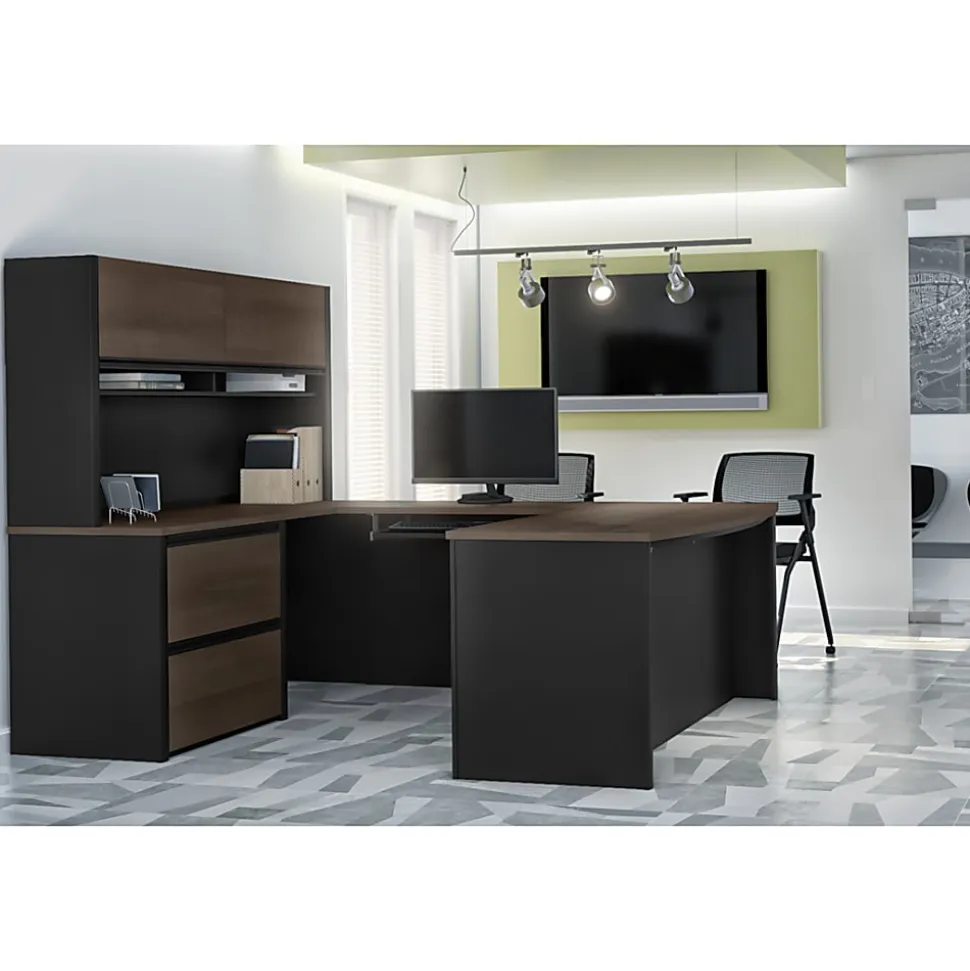 Bestar Connexion 72"W U-Shaped Executive Computer Desk With Lateral File Cabinet And Hutch, Antigua/Black