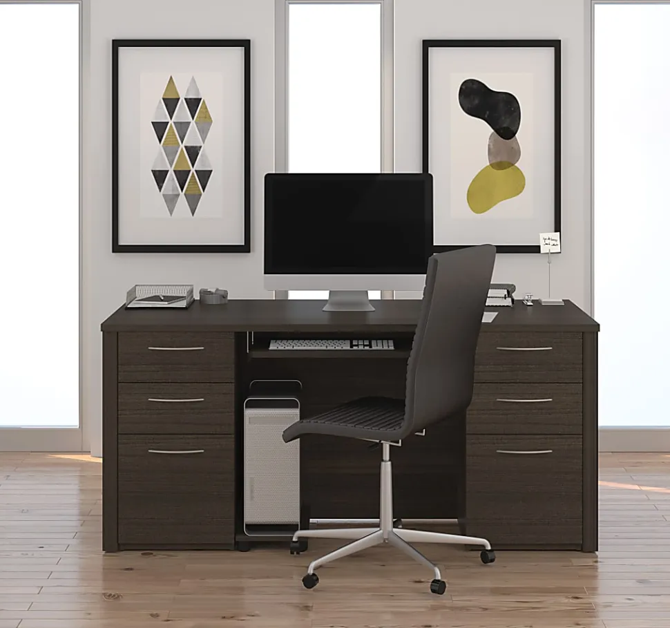 Bestar Embassy 66"W Executive Computer Desk With 2 Pedestals, Dark Chocolate