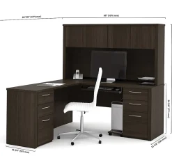 Bestar Embassy 66”W L-Shaped Corner Desk With 2 Pedestals And Hutch, Dark Chocolate