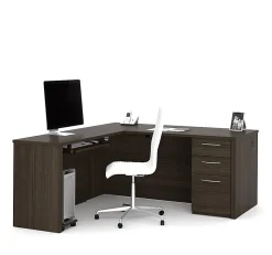 Bestar Embassy 66”W L-Shaped Corner Desk With Pedestal, Dark Chocolate