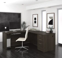 Bestar Embassy 72”W L-Shaped Corner Desk With Left Pedestal, Dark Chocolate