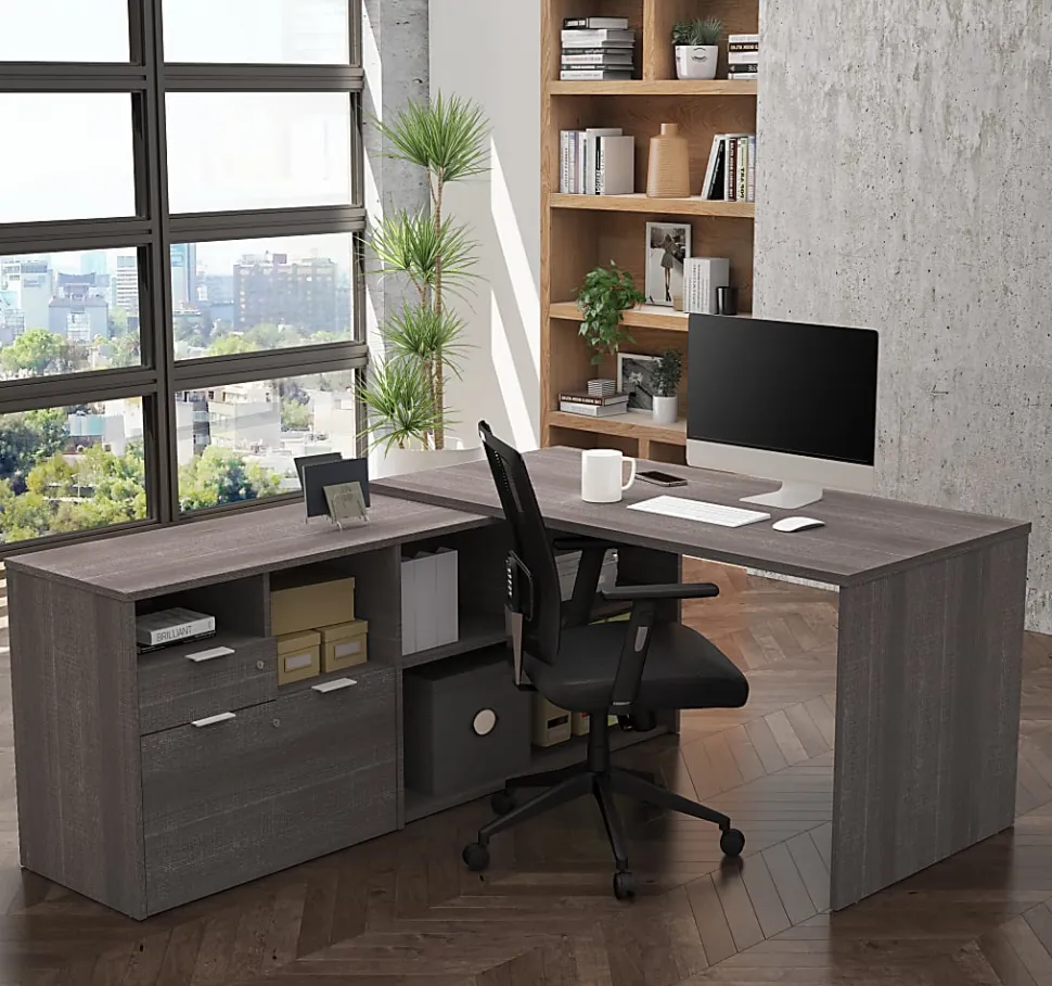 Bestar i3 Plus 72”W L-Shaped Corner Desk, Bark Gray