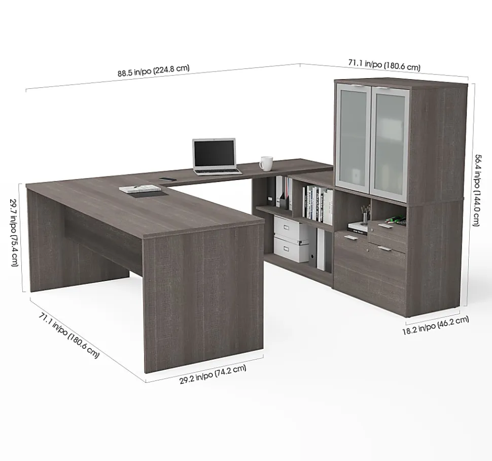 Bestar i3 Plus 72"W U-Shaped Executive Computer Desk With Frosted Glass Doors Hutch, Bark Gray
