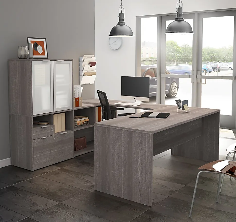 Bestar i3 Plus 72"W U-Shaped Executive Computer Desk With Frosted Glass Doors Hutch, Bark Gray