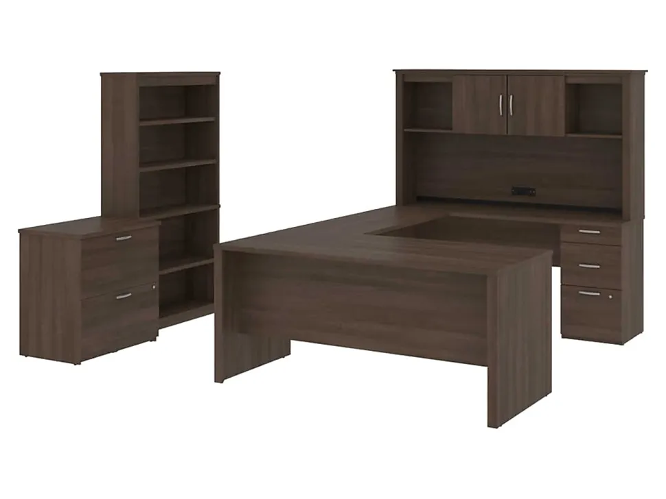 Bestar Logan U-Shaped Desk With Hutch, Lateral File Cabinet And Bookcase, Bark Gray