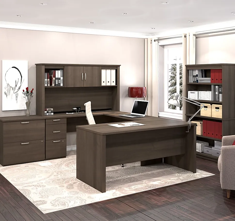 Bestar Logan U-Shaped Desk With Hutch, Lateral File Cabinet And Bookcase, Antigua