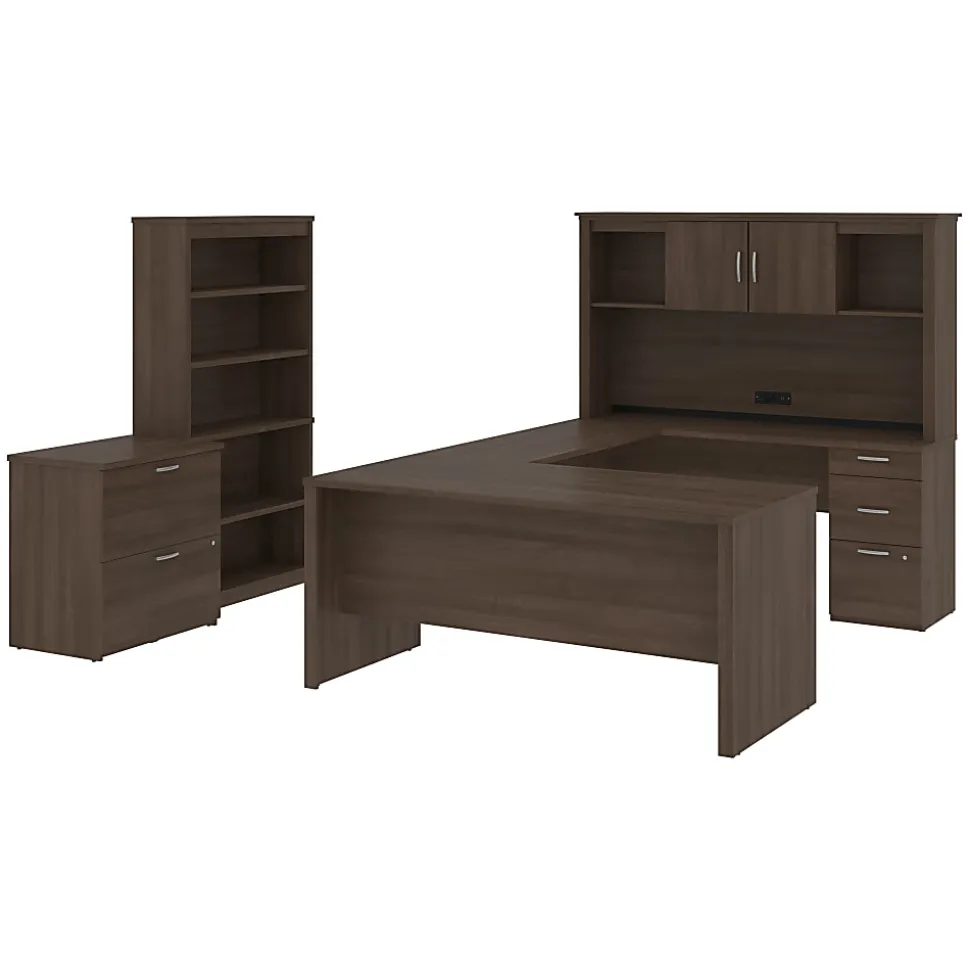 Bestar Logan U-Shaped Desk With Hutch, Lateral File Cabinet And Bookcase, Antigua
