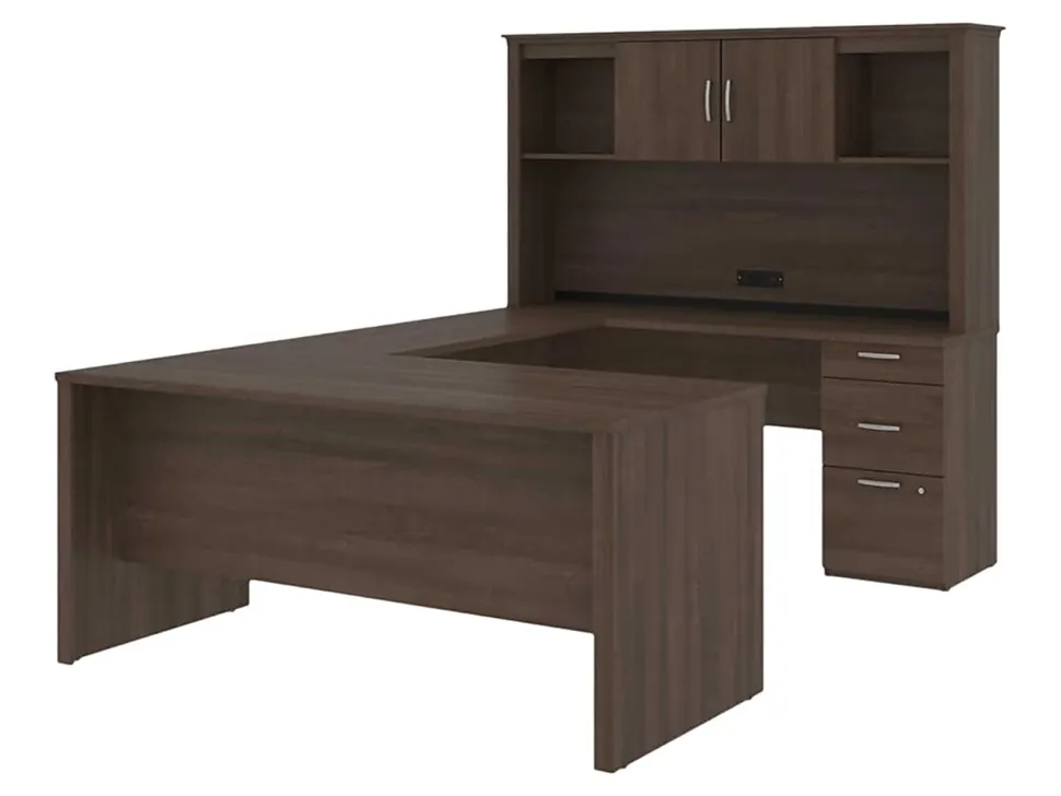 Bestar Logan U-Shaped Desk With Hutch, Lateral File Cabinet And Bookcase, Antigua