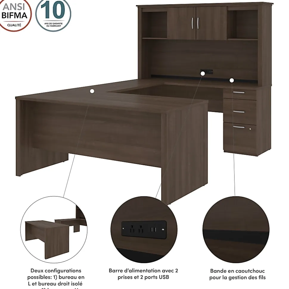 Bestar Logan 66”W U- Or L-Shaped Executive Corner Desk With Pedestal And Hutch, Antigua