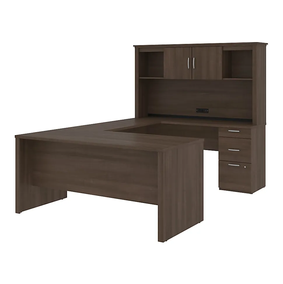 Bestar Logan 66”W U- Or L-Shaped Executive Corner Desk With Pedestal And Hutch, Antigua