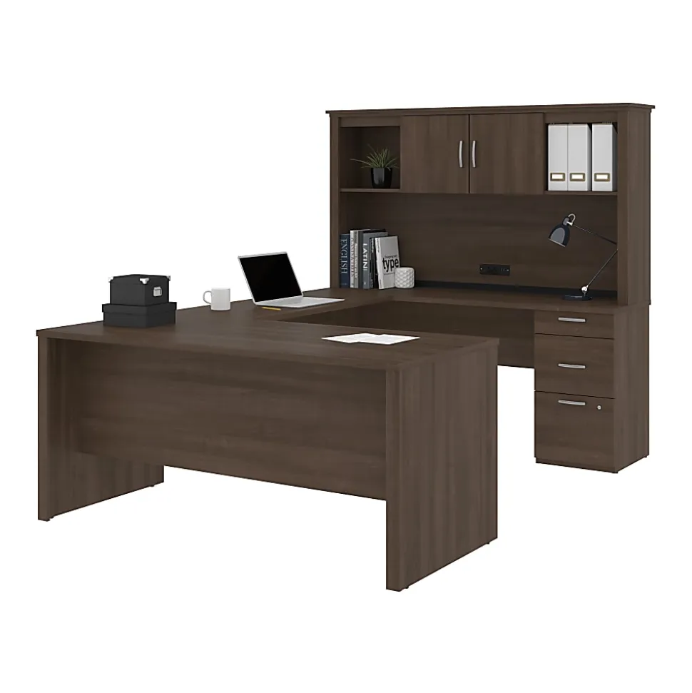Bestar Logan 66”W U- Or L-Shaped Executive Corner Desk With Pedestal And Hutch, Antigua