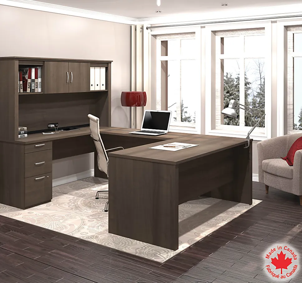 Bestar Logan 66”W U- Or L-Shaped Executive Corner Desk With Pedestal And Hutch, Antigua