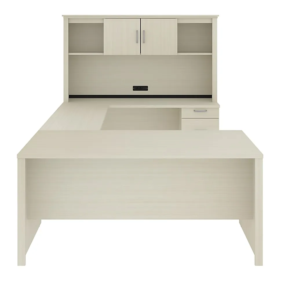 Bestar Logan 66”W U- Or L-Shaped Executive Corner Desk With Pedestal And Hutch, White Chocolate
