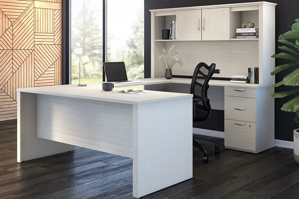 Bestar Logan 66”W U- Or L-Shaped Executive Corner Desk With Pedestal And Hutch, White Chocolate