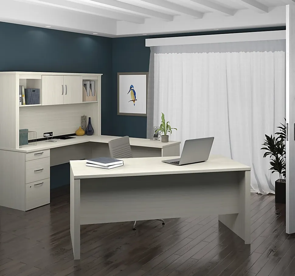 Bestar Logan 66”W U- Or L-Shaped Executive Corner Desk With Pedestal And Hutch, White Chocolate