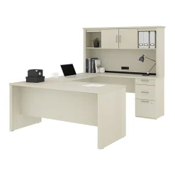 Bestar Logan 66”W U- Or L-Shaped Executive Corner Desk With Pedestal And Hutch, White Chocolate