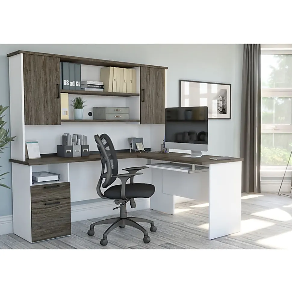 Bestar Norma 71"W L-Shaped Corner Desk With Hutch, Walnut Gray/White