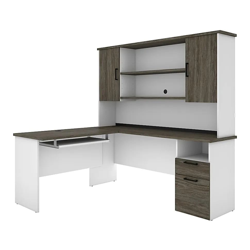 Bestar Norma 71"W L-Shaped Corner Desk With Hutch, Walnut Gray/White