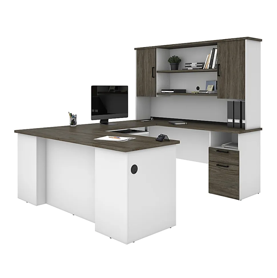 Bestar Norma 71"W U- Or L-Shaped Executive Corner Desk With Hutch, Walnut Gray/White