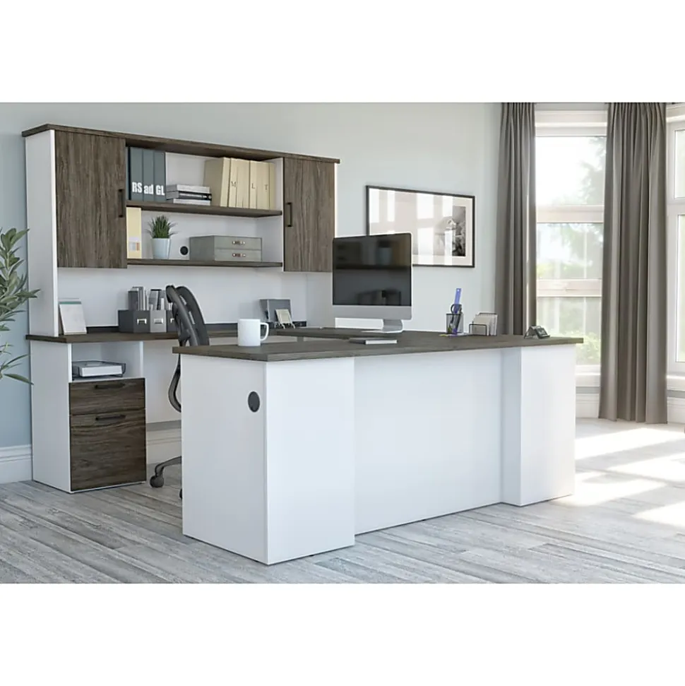 Bestar Norma 71"W U- Or L-Shaped Executive Corner Desk With Hutch, Walnut Gray/White