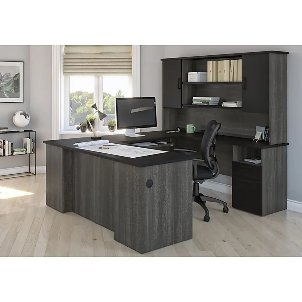 Bestar Norma 71"W U- Or L-Shaped Executive Corner Desk With Hutch, Black/Bark Gray