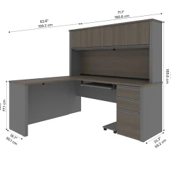 Bestar Prestige + 72”W L-Shaped Corner Desk With Pedestal And Hutch, Bark Gray/Slate